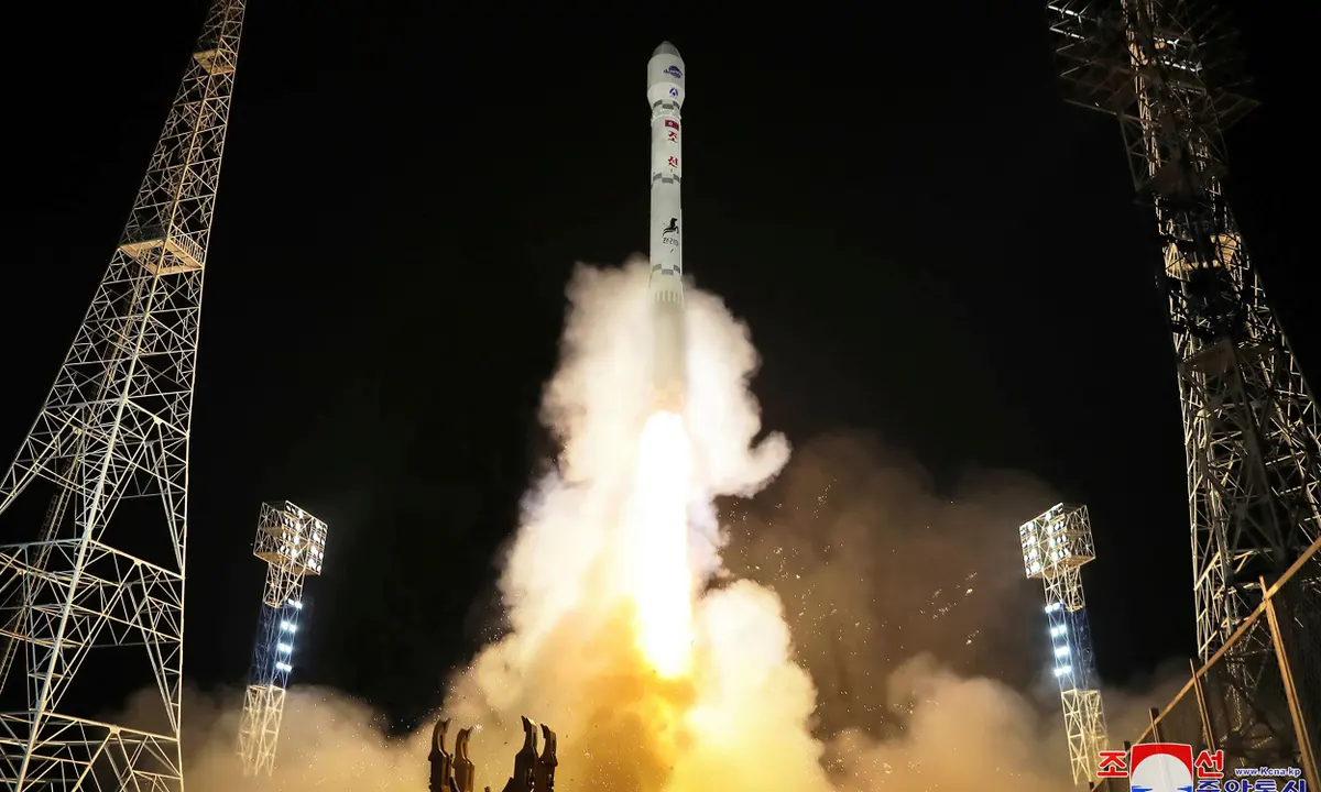 A photo provided by the North Korean government shows what the regime says is the launch of Malligyong-1, a military spy satellite. Photograph: AP